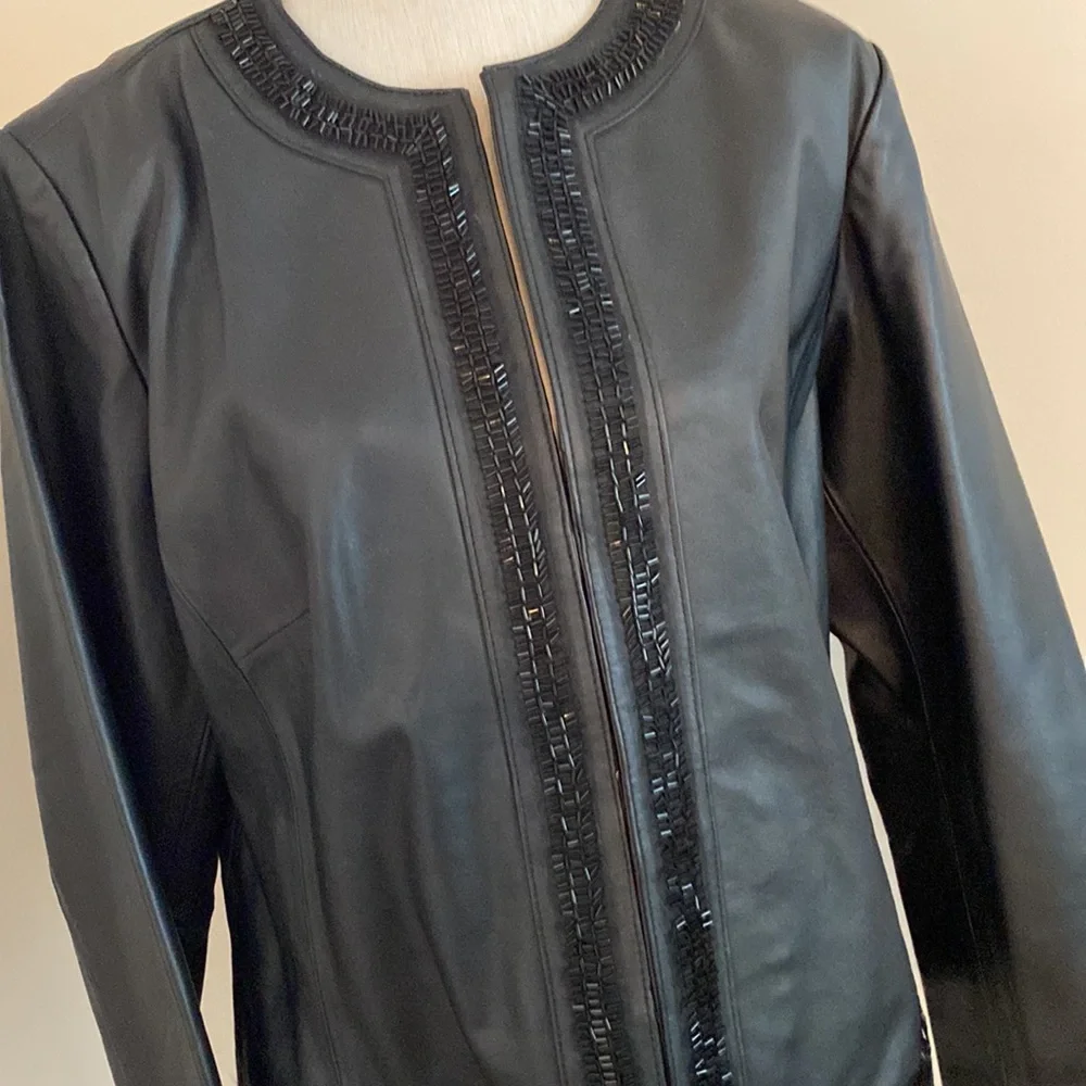 Chico’s black leather beaded jacket. Rare find - Picture 2 of 14